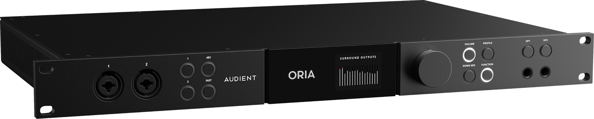 Side view of the Audient ORIA interface with its front panel illuminated, displaying Surround Output Meters, in a sleek black metal finish.
